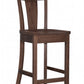 A dark brown wooden barstool with a slatted backrest and straight legs, shown against a plain white background.