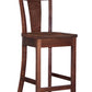 A dark brown wooden barstool with a slatted backrest and a footrest, shown against a plain white background.