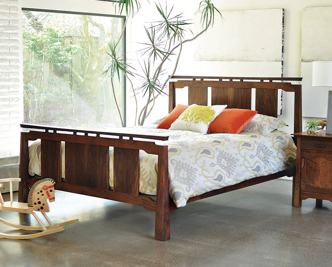 Sapporo Bed in Western Walnut, Mattress Only Set Up with Pacific Nightstand