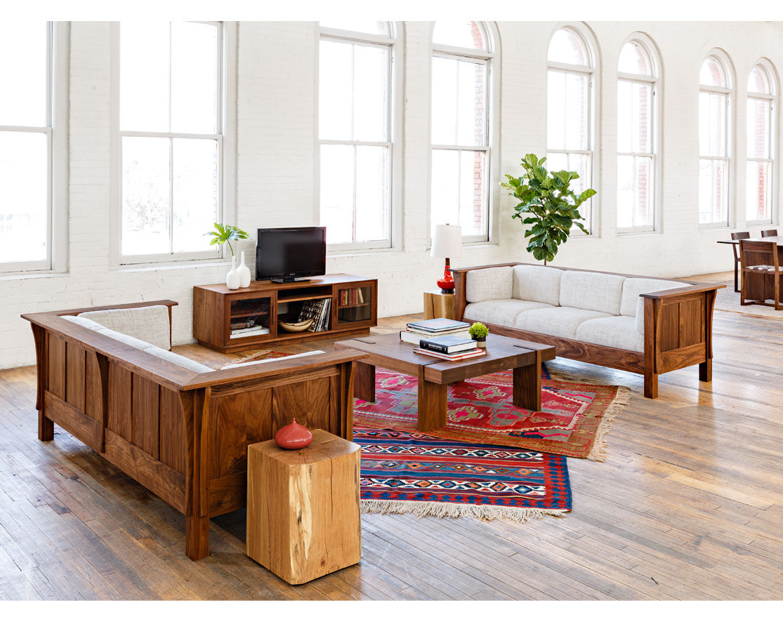 Settle Sofas in Eastern Walnut with Arcadia Coffee Table and Century End Tables