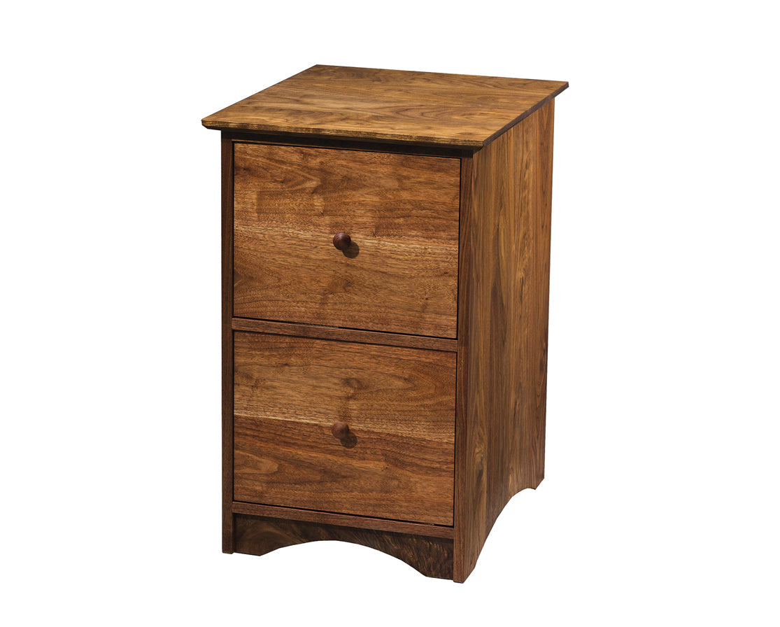2 Drawer File Cabinet Western Walnut with Joinery Kick, Shaker Top & Shaker Knob