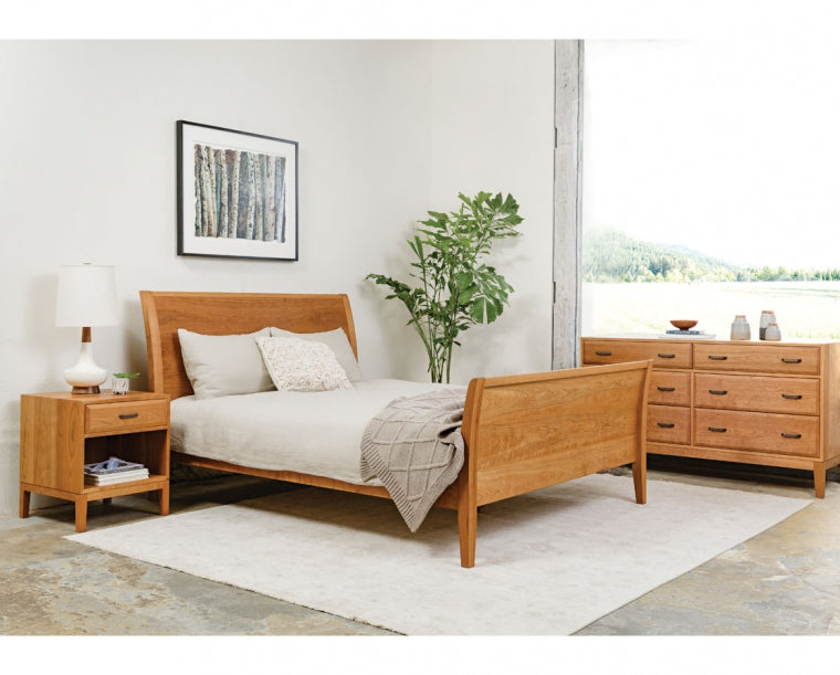 Corbett nighstand in Cherry with oil rubbbed bronze pull featured with Contemporary Sleigh Bed and Corbett Low 6-Drawer Dresser
