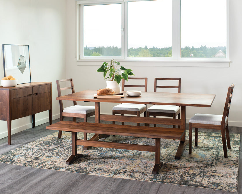 Hayden Dining Table, Chairs, and Bench in Eastern Walnut with Klamath Sideboard