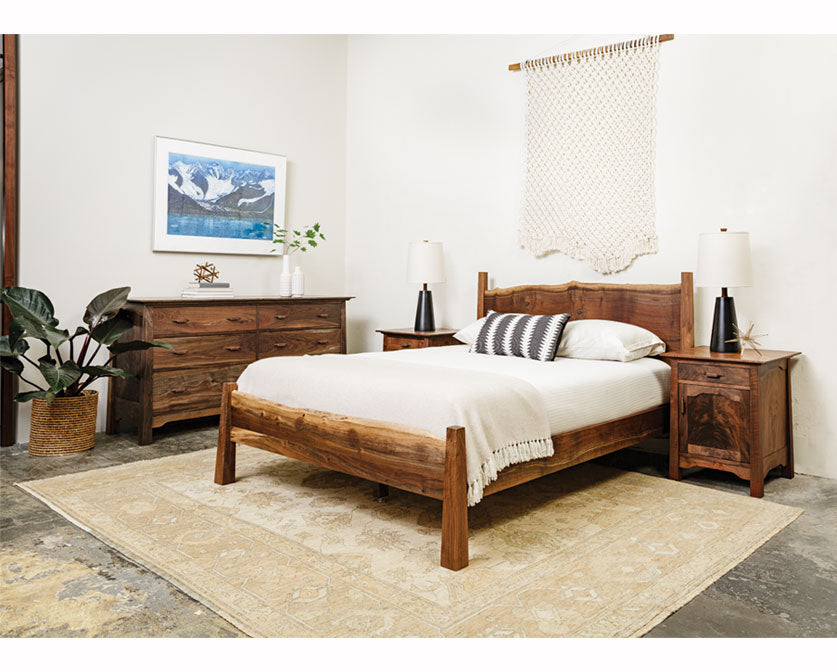 Live Edge Bed with Pacific Nightstand and Low 6-Drawer Dresser in Western Walnut
